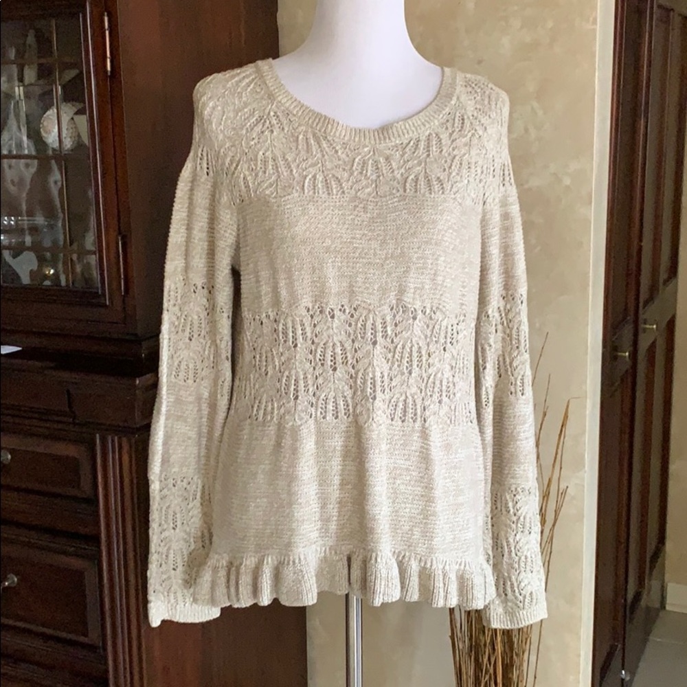 DKNY Jeans tan open weave sweater with ruffle hem
